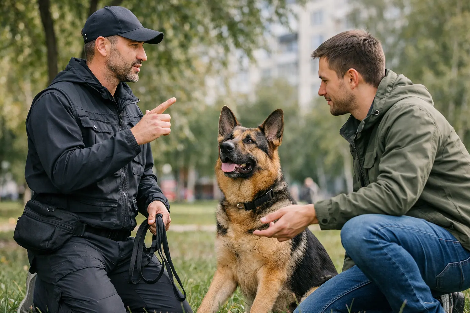 Кінолог займається з німецькою вівчаркою та її господаерм в парку в Києві