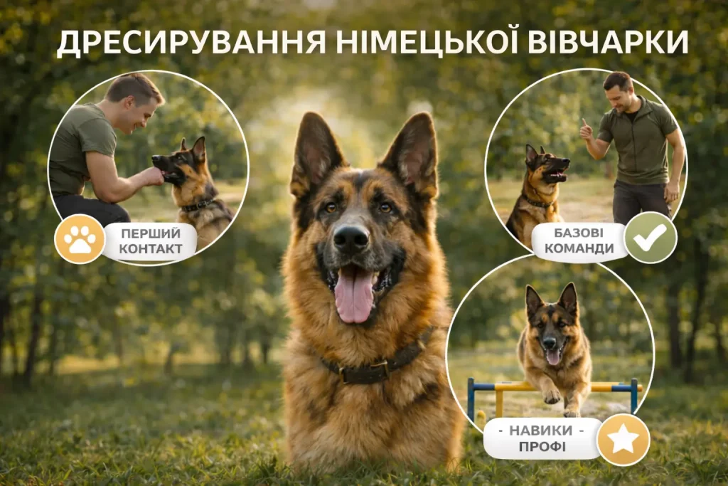 Німецька вівчарка, що займається з господарем та отримує всі необхідні навички