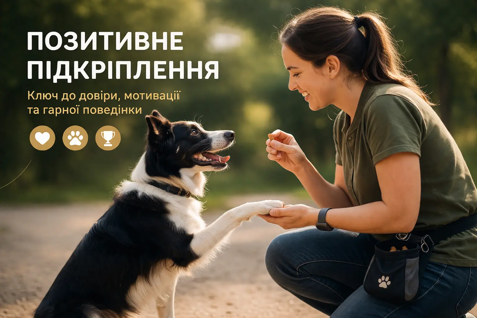 Кінолог позитивно підкріплює собаку в процесі дресирування